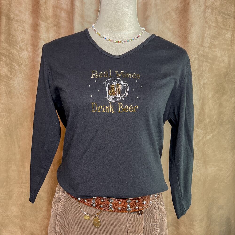 Y2K Rhinestone T-Shirt Real Women Drink Beer 3/4 Sleeve Black V Neck Indie Biker